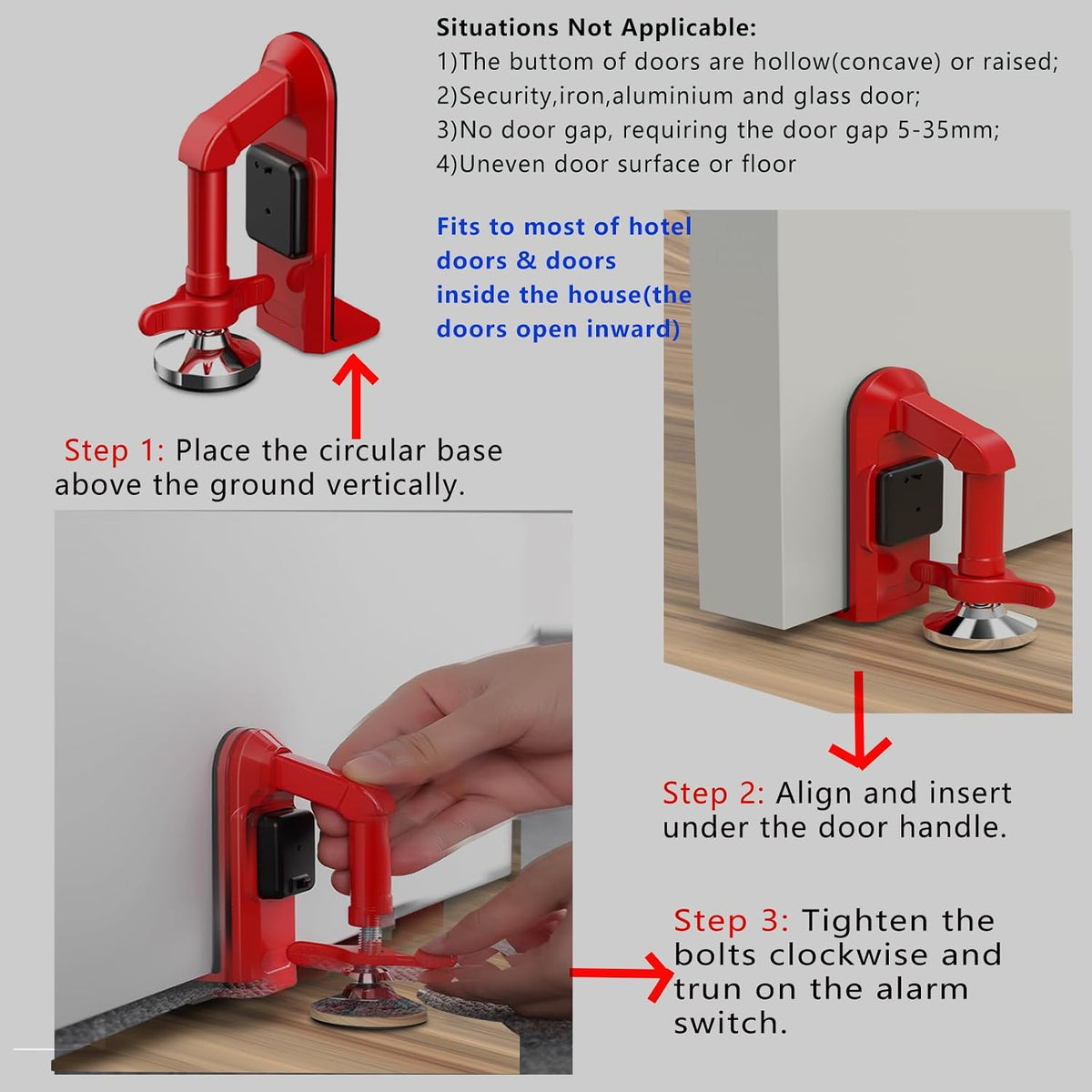 Upgraded Portable Door Stop Alarm with Strong Grip to the Floor, Non-Slip Door Stoppers Security Alarm Lasts 5 Seconds with 80Db, Perfect for Travel & Home Security