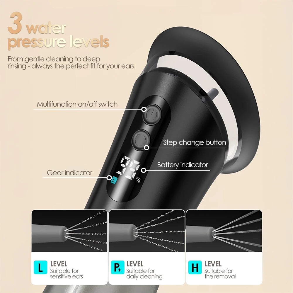 Electric Ear Irrigation Cleaner with Three Pressure Modes Rechargeable Battery Dual Water Tank and Multiple Nozzles for Home Use